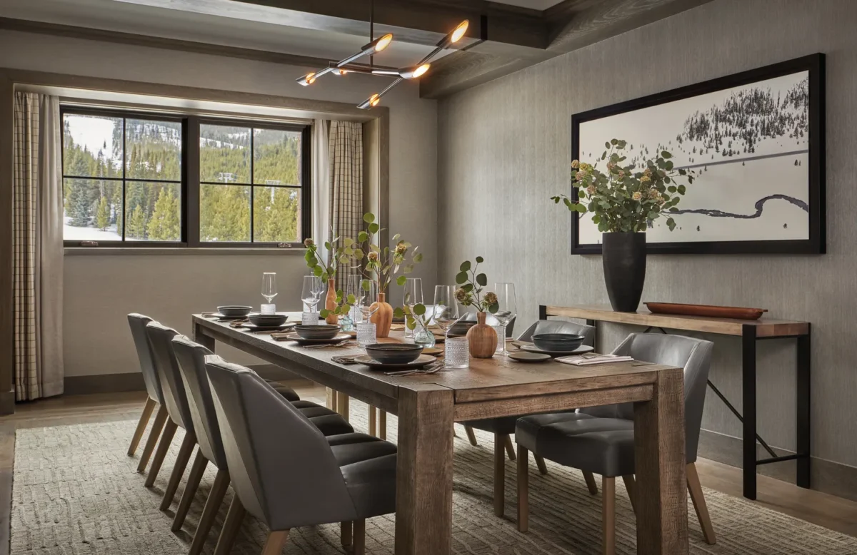Elegant dining room at Montage Big Sky, a Montana wedding venue, set for a meal.