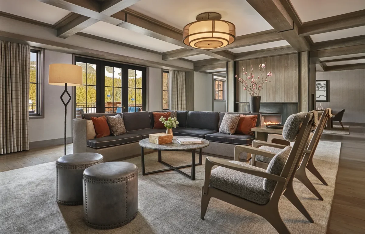 Luxury living room at Montage Big Sky with fireplace and seating area