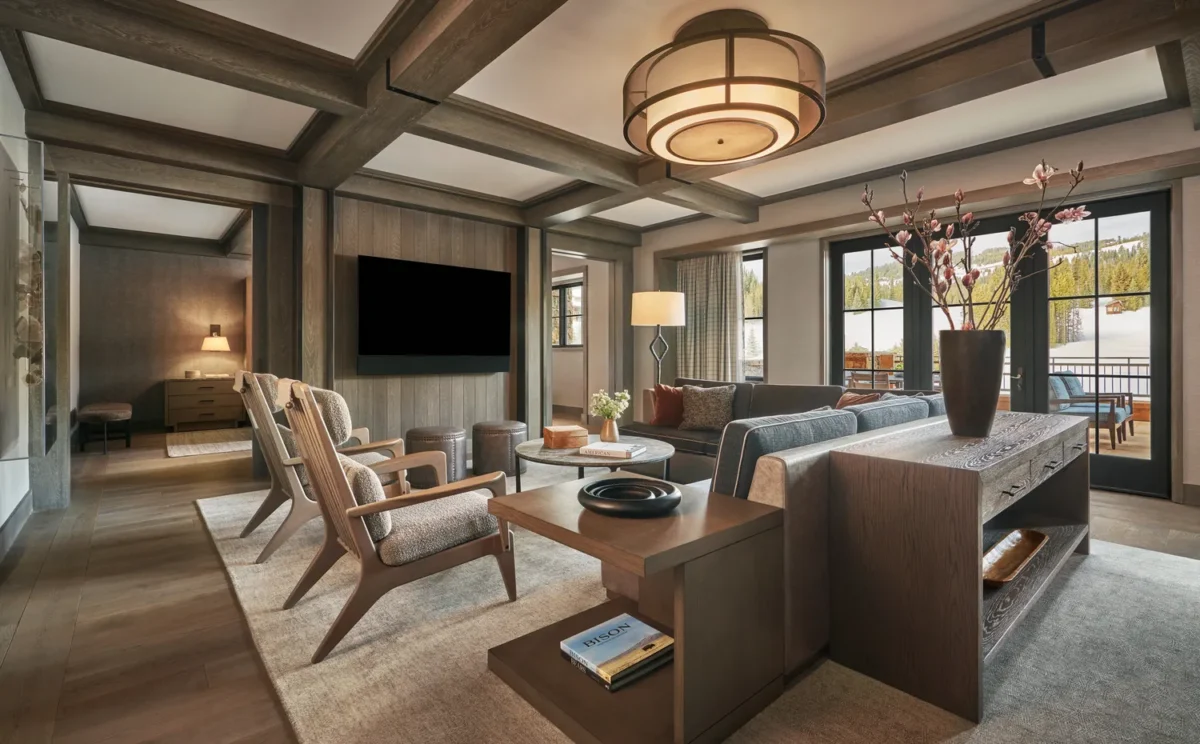 Luxurious living room at Montage Big Sky with mountain views and wood beams.
