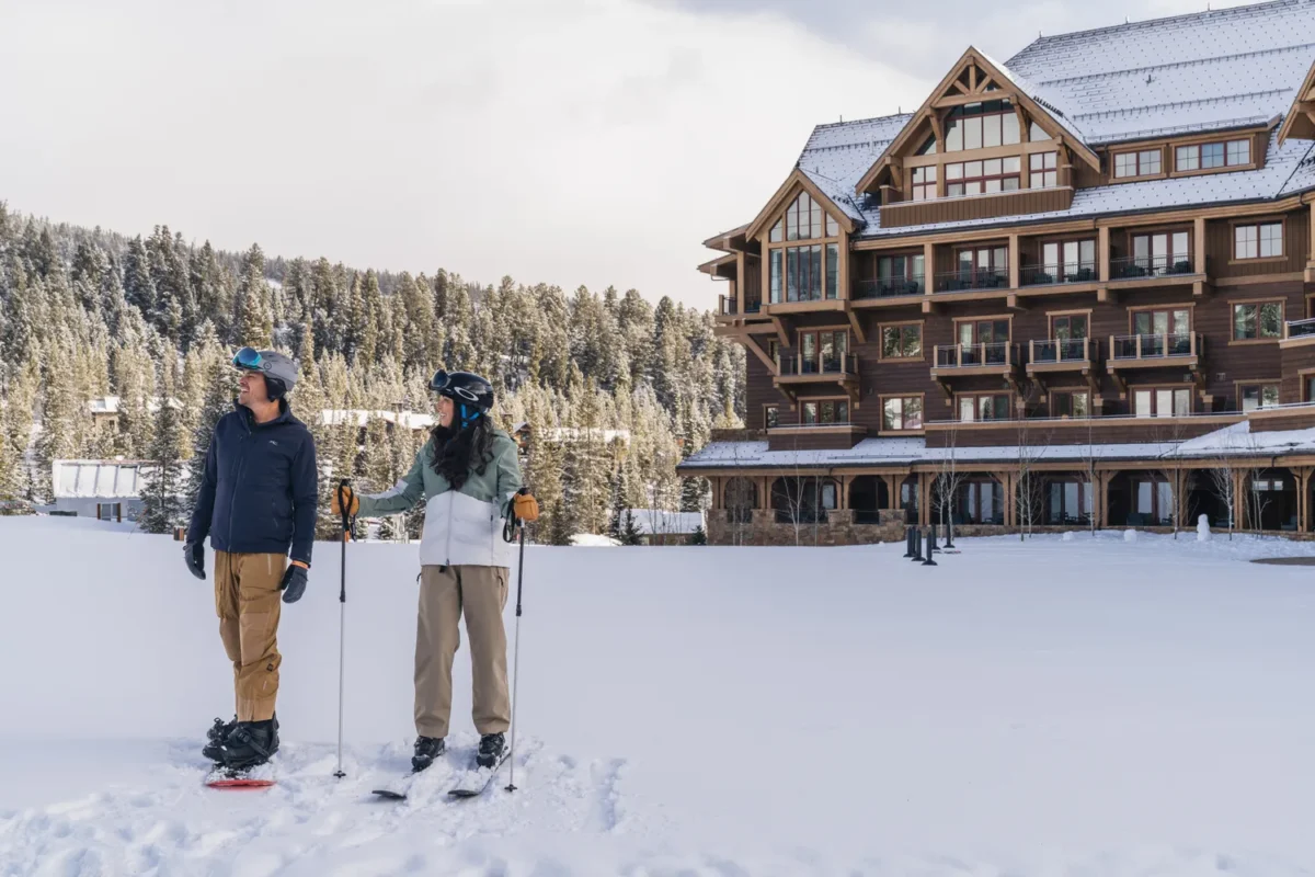 Couple in winter gear at Montage Big Sky, Montana wedding venue