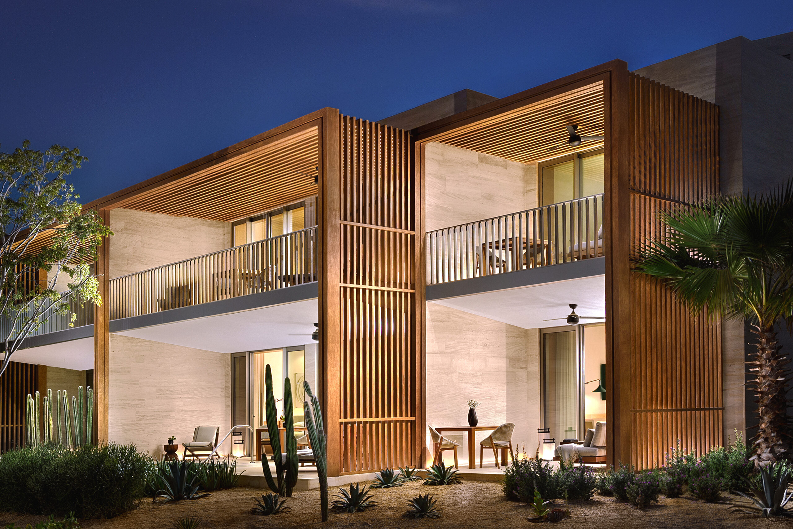 Park Hyatt Cabo del Sol suites with private balconies at dusk.