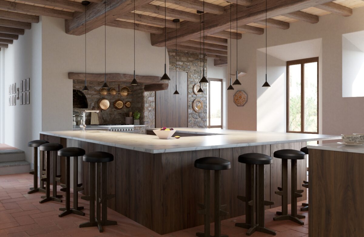 Villa Santo Stefano alle Corti kitchen with wood beams, a large island, and terracotta tile flooring.