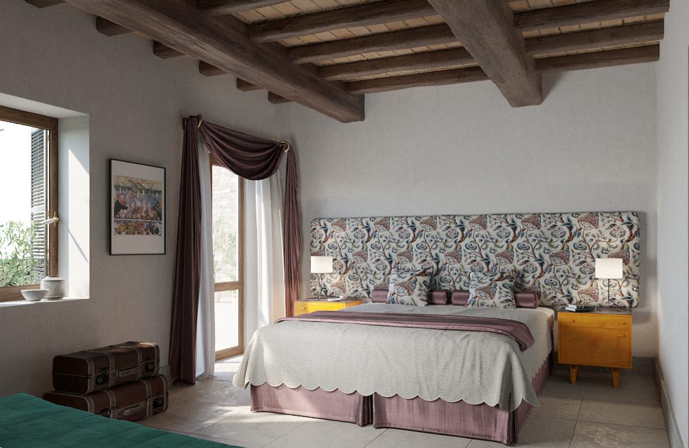 Villa Santo Stefano bedroom with beamed ceiling, patterned headboard, and natural light.