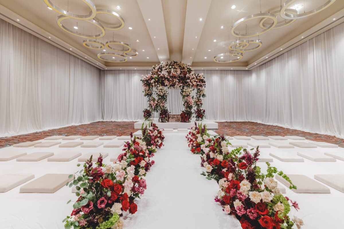 Luxury wedding venue in Cancun with floral arch and aisle decorations at the Hyatt Ziva Cancun.