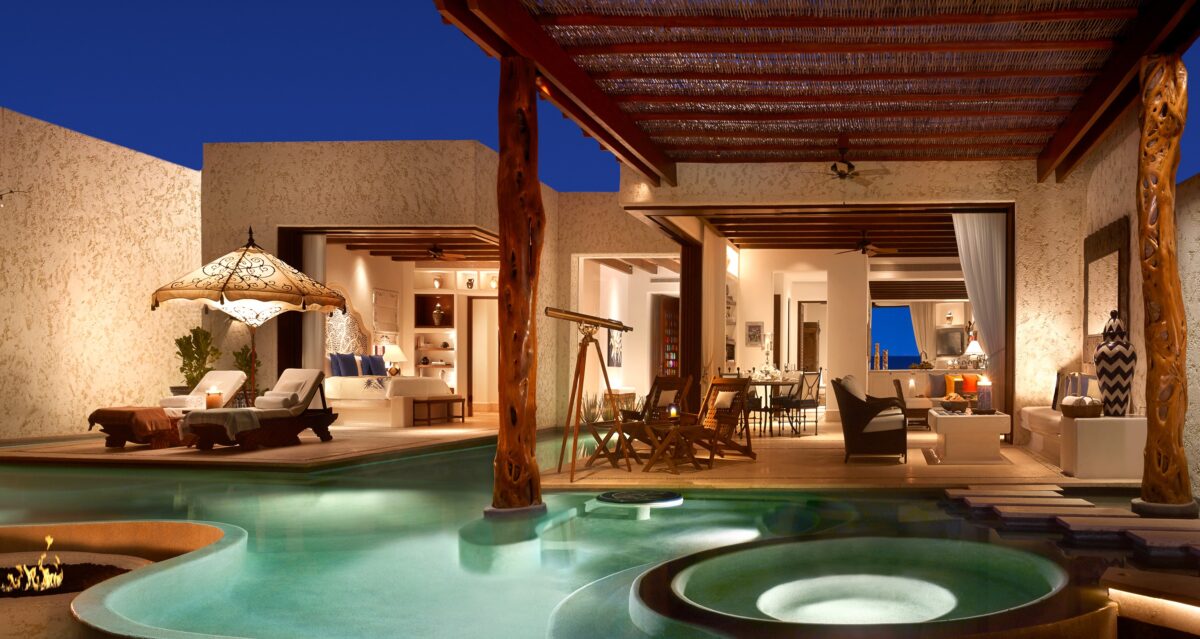 Luxury hotel room design featuring a private pool, open-air living spaces, and elegant interior decor.