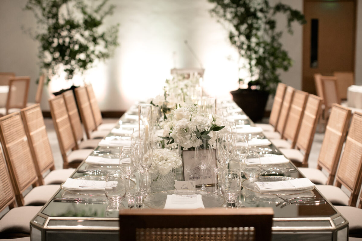 Elegant wedding reception table at St. Regis Cap Cana, exclusive wedding resort in Punta Cana.