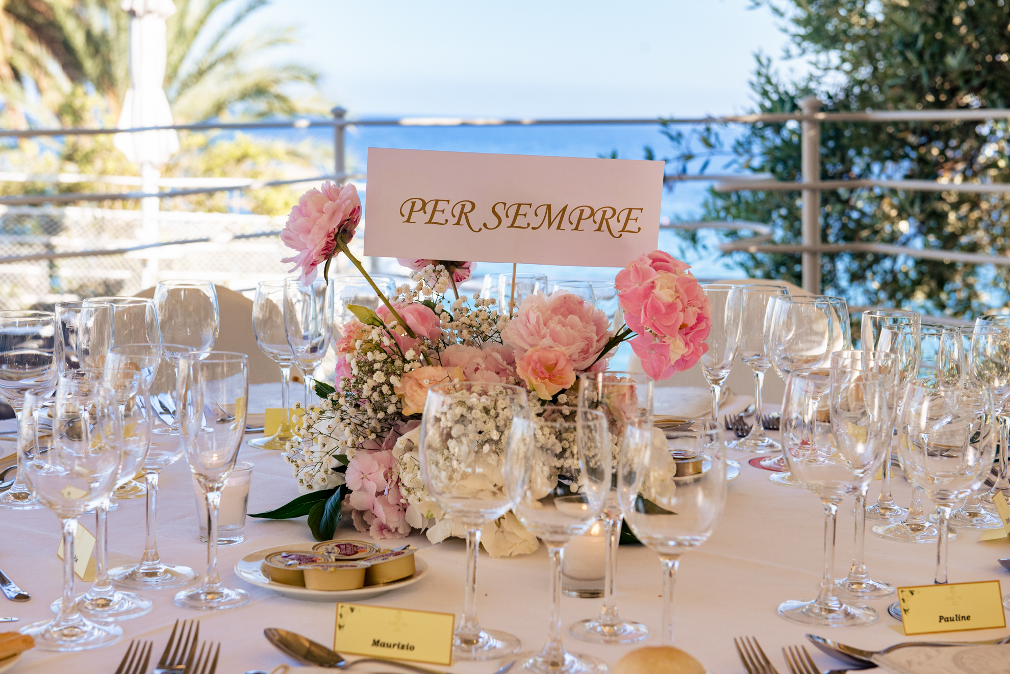 Wedding table at Royal Hotel Sanremo with floral centerpiece and 