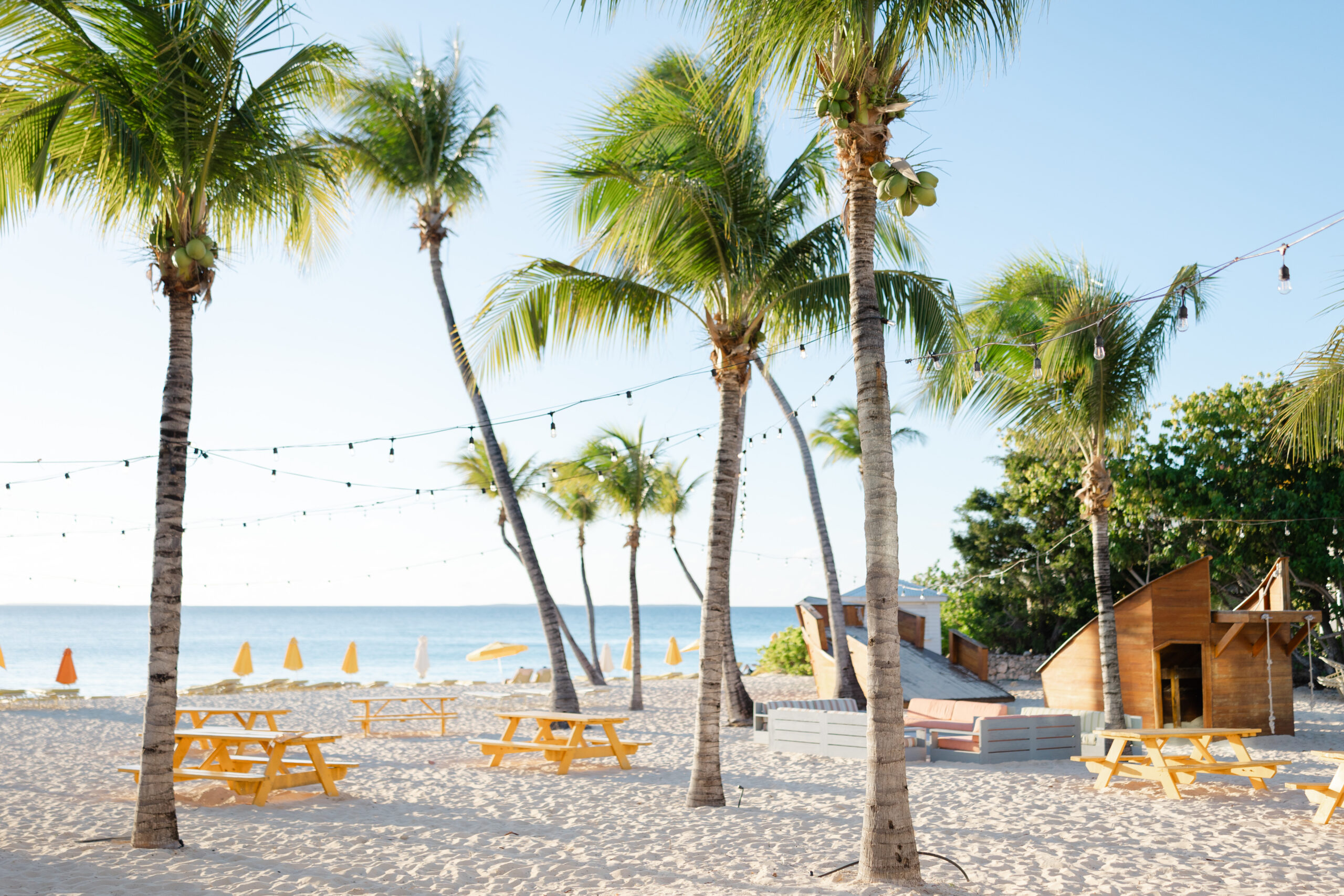Beach scene with palm trees, yellow picnic tables, and ocean view at Malliouhana resort.