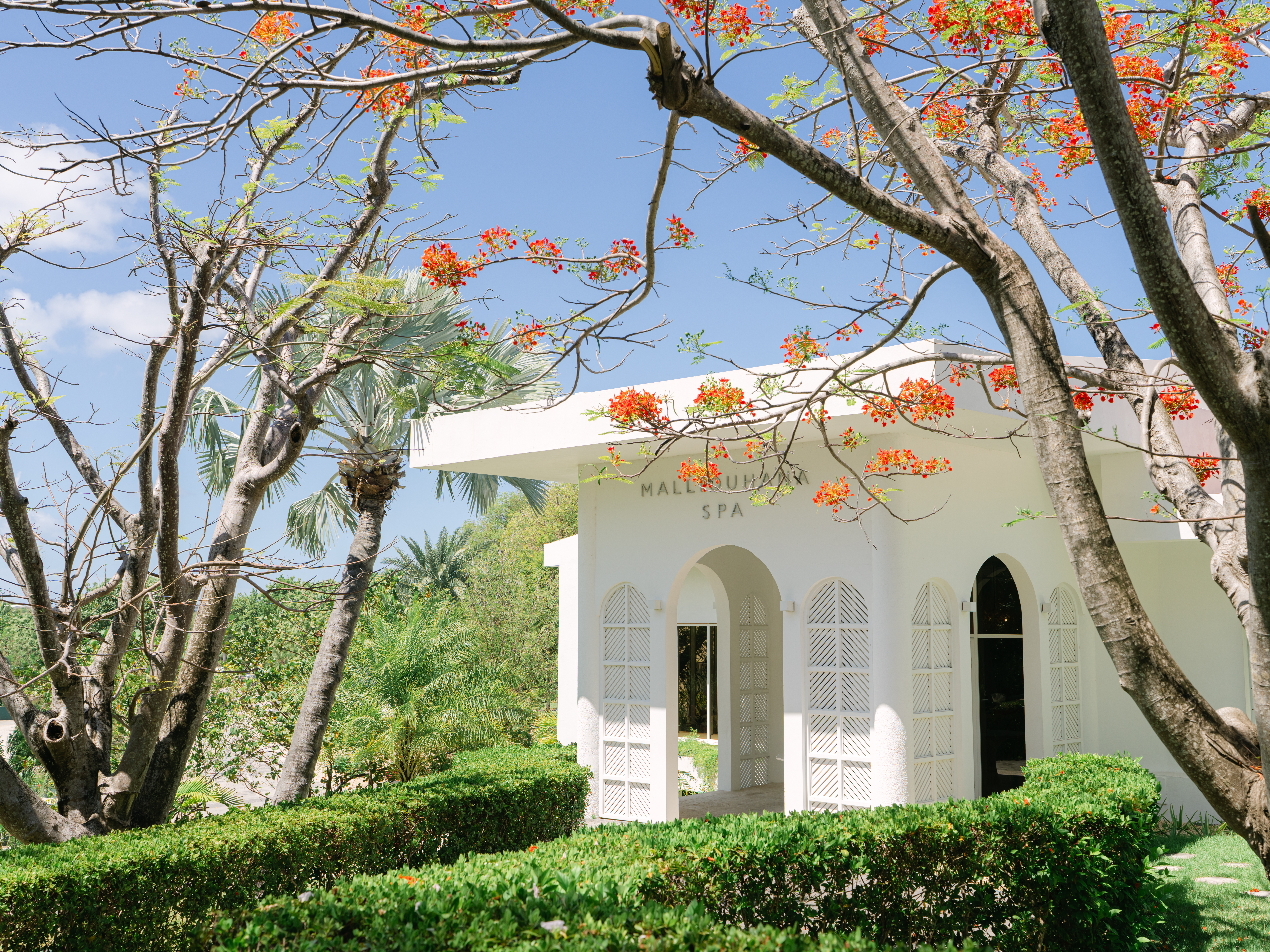 White spa building with archways surrounded by green foliage and flowering trees