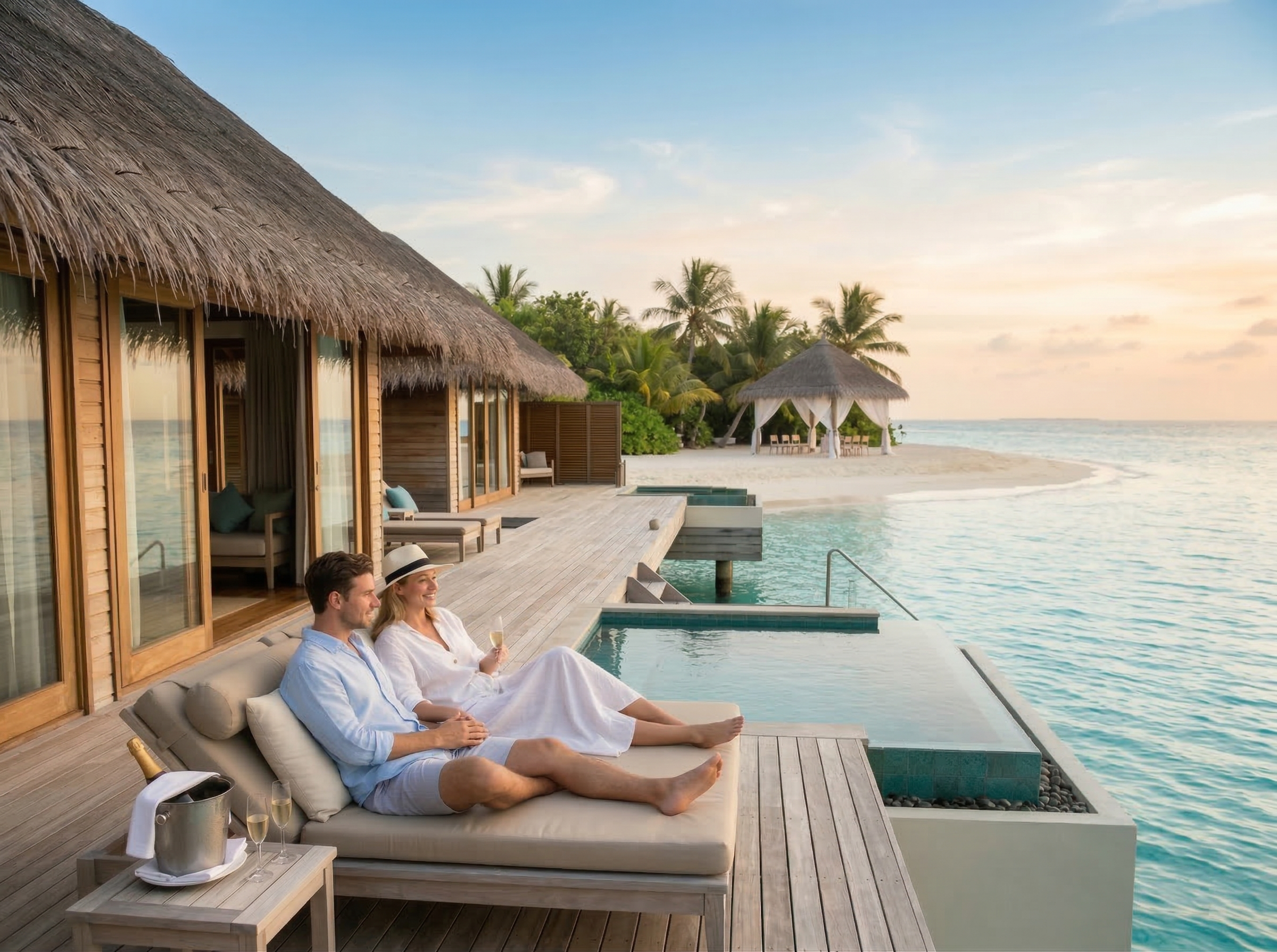 Couple relaxing at an adults-only resort for honeymoons, overlooking the ocean.