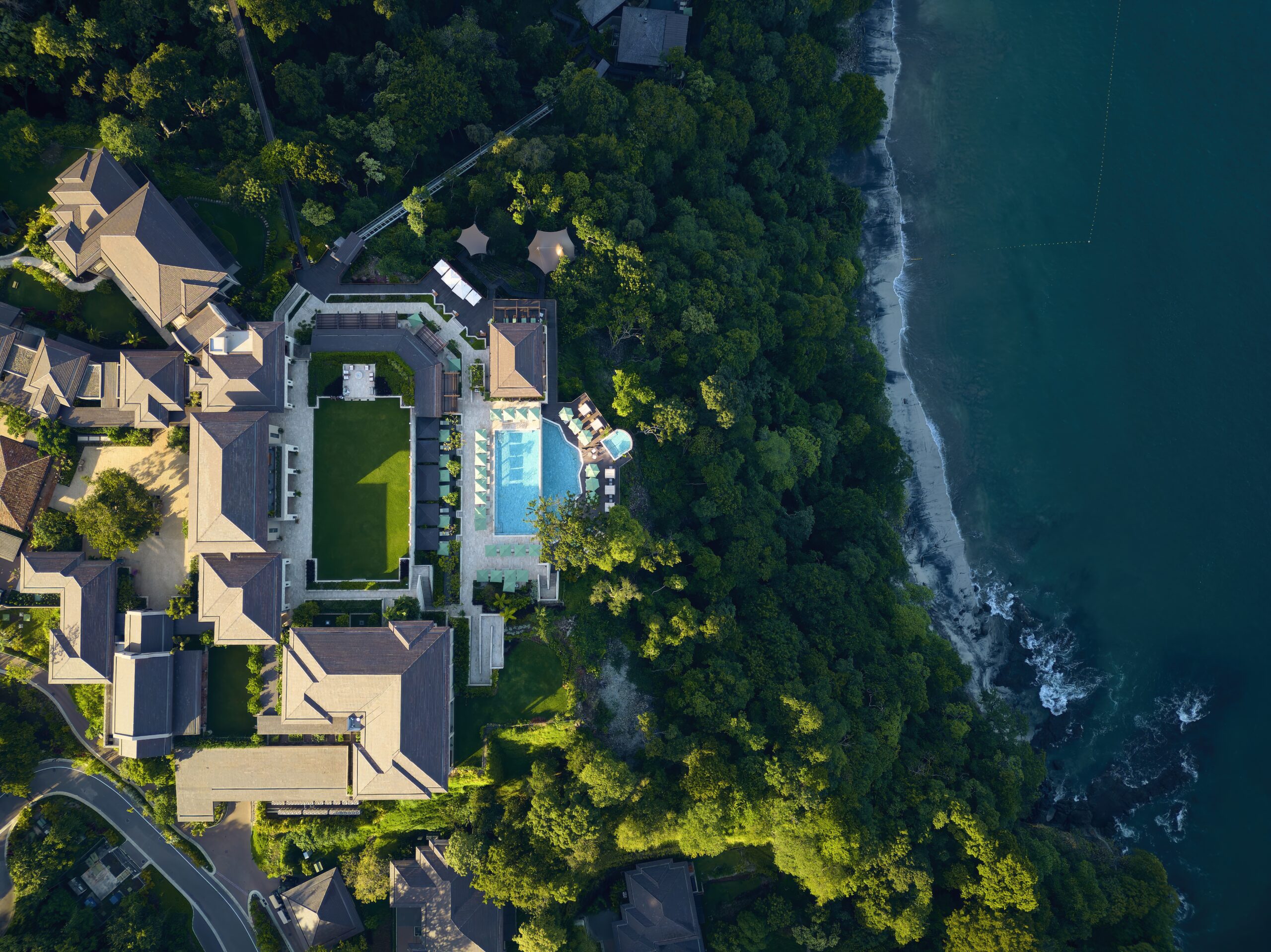Aerial view of Nekajui, a Ritz Carlton Reserve, luxury resort and potential wedding venue in Costa Rica on the coast.