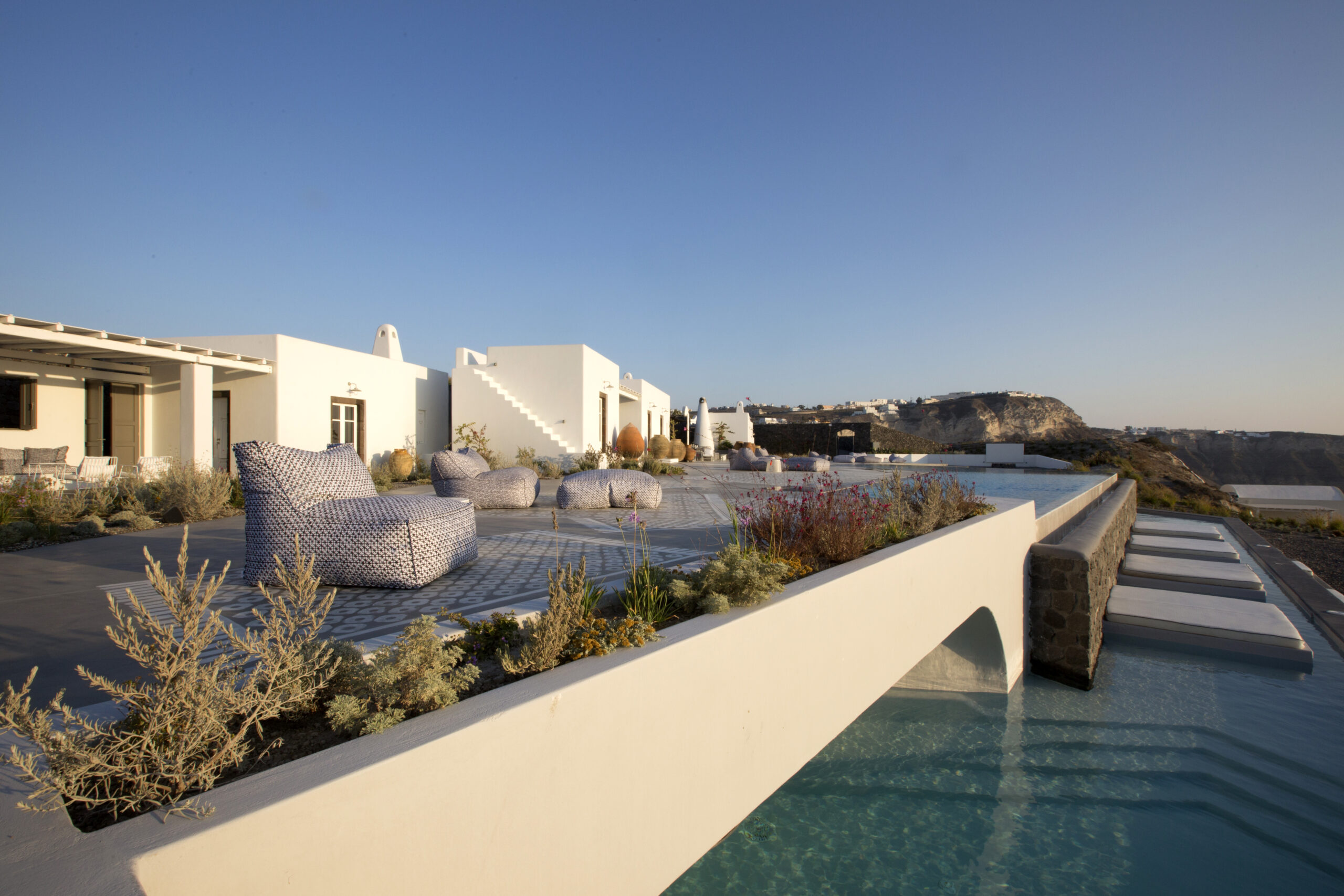 Luxury private villa terrace with pool and caldera view, Santorini