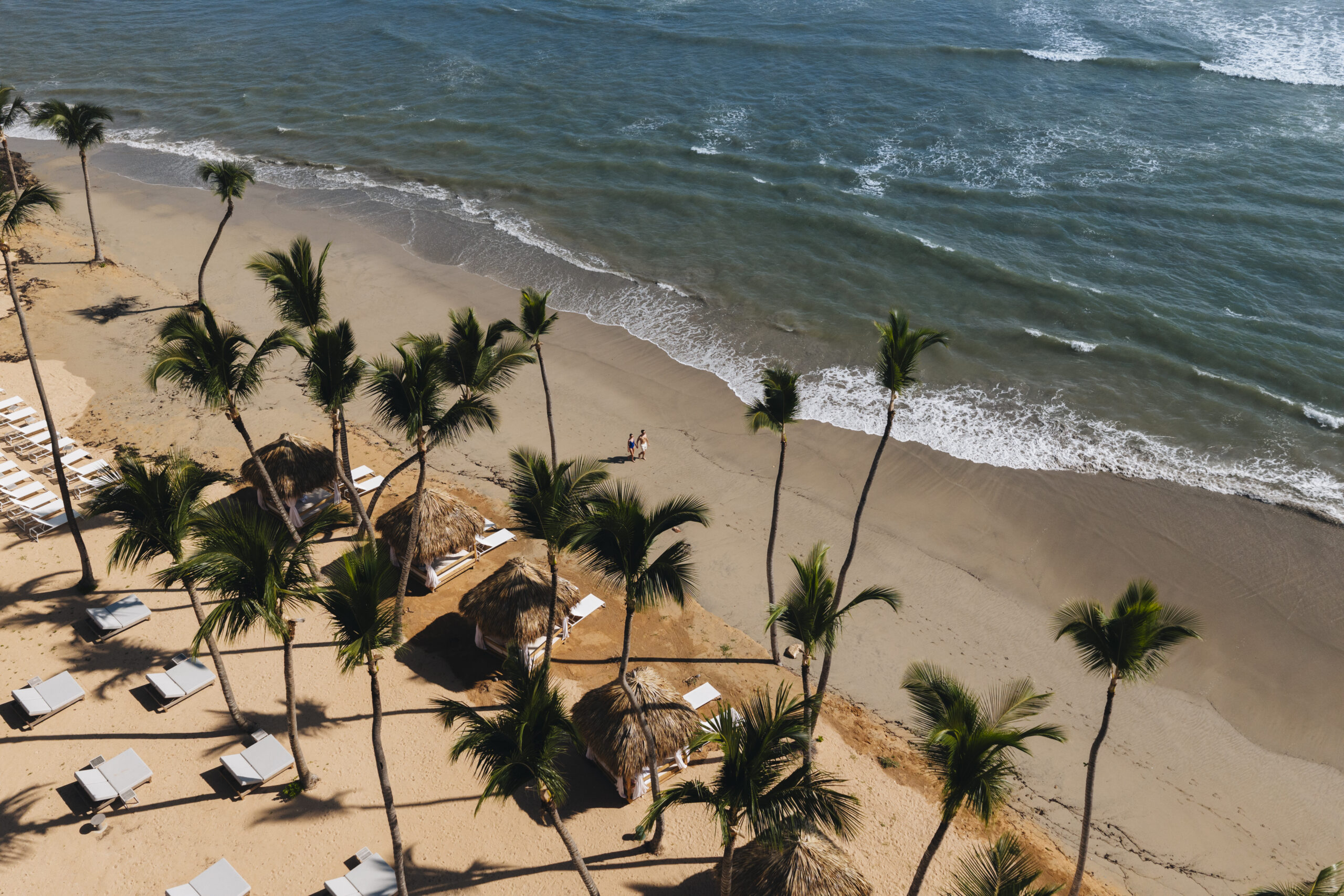 Aerial view of W Punta Cana beach with palm trees, thatched umbrellas, and ocean waves.
