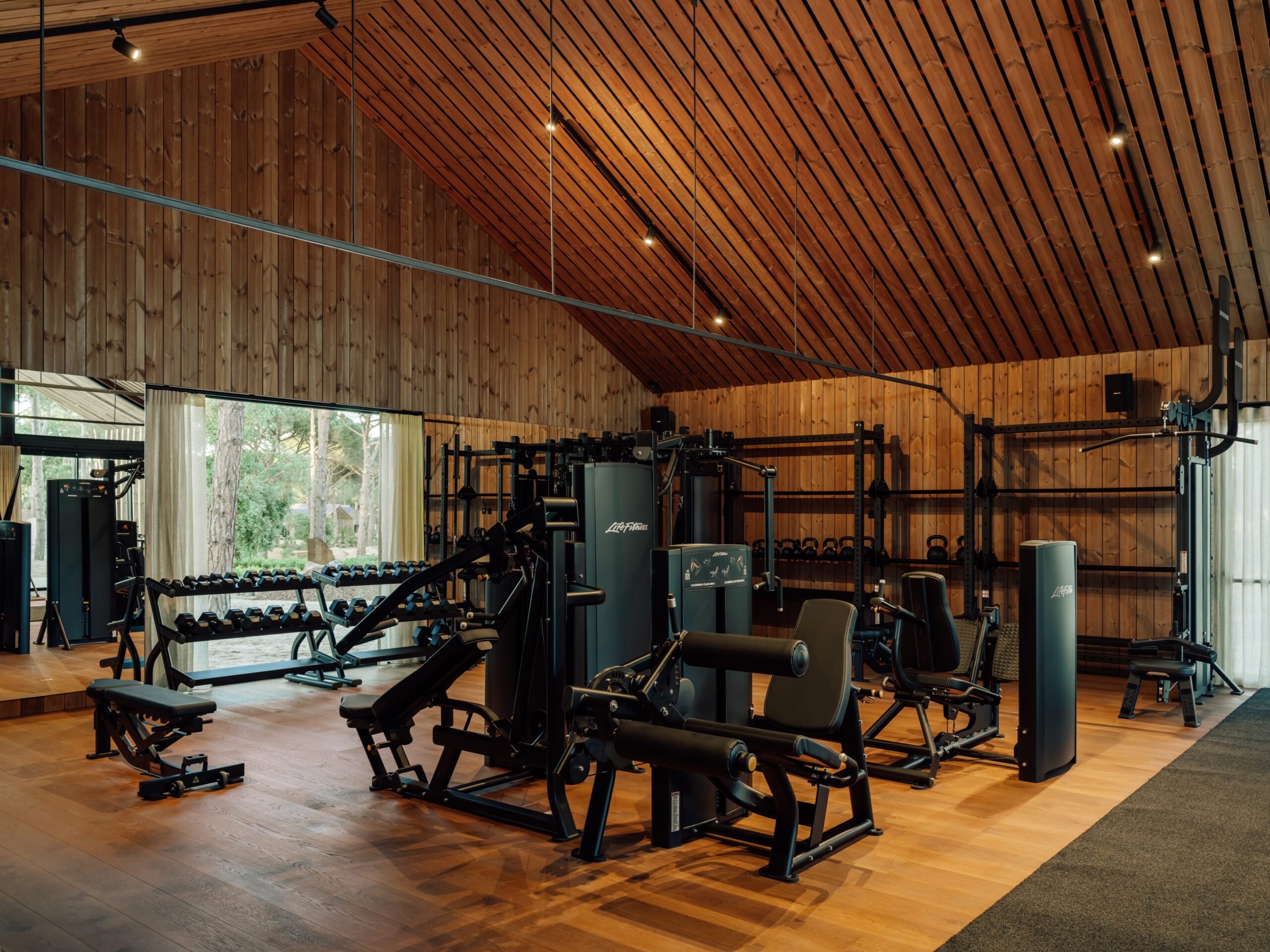 Modern gym with wood accents, featuring Life Fitness machines and weights.